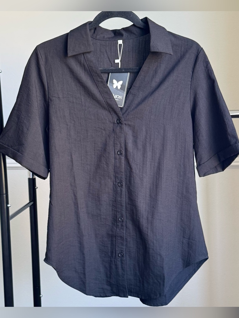 LOMON Button Down Short-Sleeve Shirt Black Small Cotton/Linen bland NWT